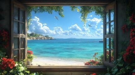 Fototapeta premium A serene view of a tropical beach framed by an open window.