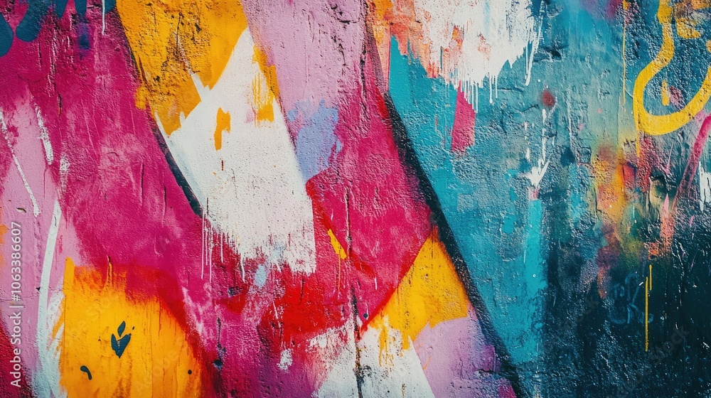 Poster bright and chaotic graffiti art with overlapping tags and abstract patterns, covering an old, weathe