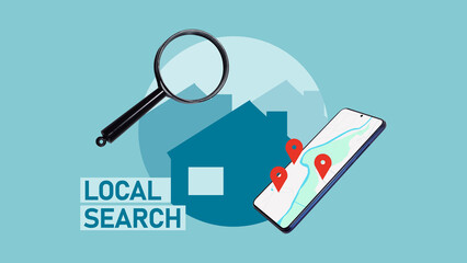 Local search and Local SEO is shown using the text. SEO optimization and searches near me. Search engines and local marketing strategy