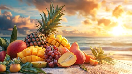 Vibrant Tropical Fruit Arrangement on Beach Table with Sunset Glow