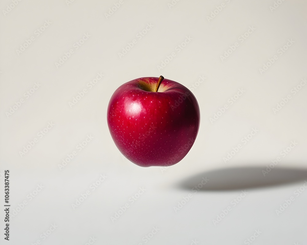 Poster minimalist red apple floating in mid air with soft shadow on white background
