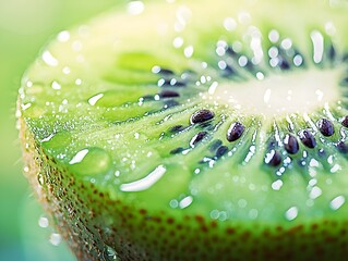 Vivid Green Kiwi Fruit Slice Glistening with Water Droplets Symbolizing Freshness and Vitality