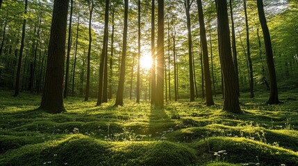 Obraz premium Sunlight shines through the trees in a lush green forest.