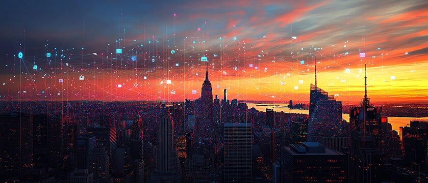 A breathtaking sunset over New York City, with vibrant social networking technologies illustrated in the sky, featuring colorful icons and glowing lines connecting digital users