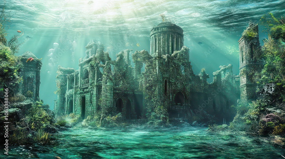 Poster an underwater scene showcasing ancient ruins, illuminated by sunlight filtering through water.
