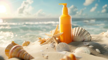 Obraz premium Sunscreen lotion bottle on sandy beach surrounded by seashells in sunlight 