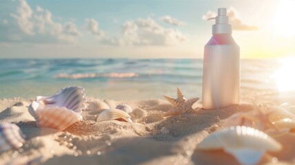 Sunscreen lotion bottle on sandy beach surrounded by seashells in sunlight
