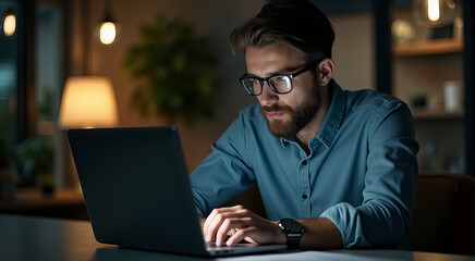 A man wearing glasses is typing on a laptop in a dimly lit room