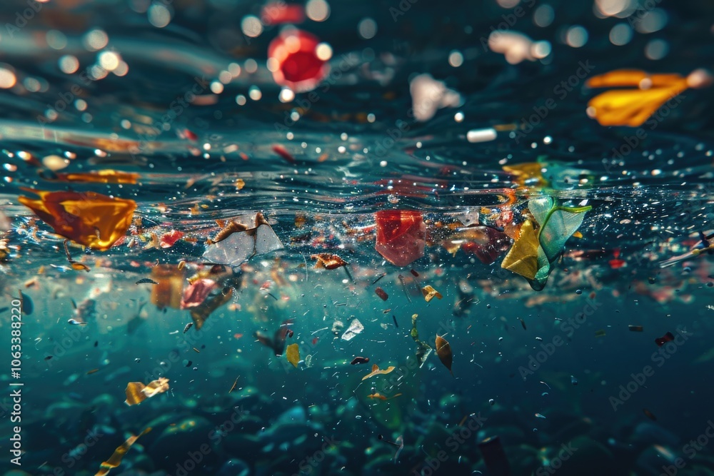 Poster a serene scene with leaves floating on the surface of calm water