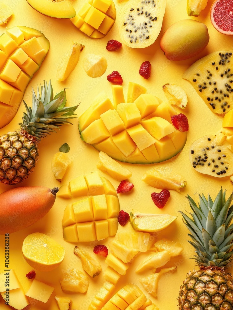 Poster bright yellow background features an assortment of sliced tropical fruits, showcasing pineapples, ma
