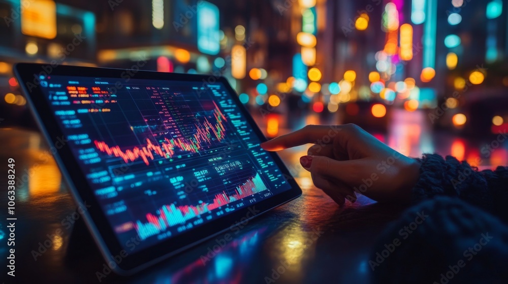 Fototapete A person interacts with a tablet displaying stock market graphs and data analysis amidst glowing city lights during nighttime.