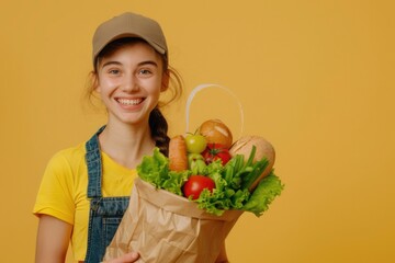 A woman holding a paper bag full of food