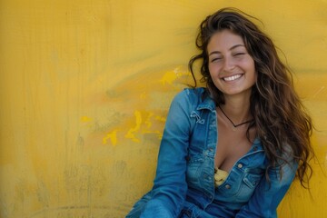Fototapeta premium A young woman sits on a yellow wall, smiling at the camera