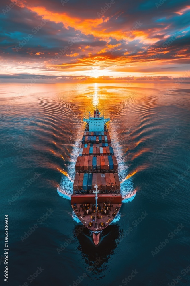 Poster a large container ship sailing through calm waters