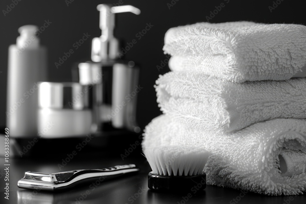 Poster A stack of clean white towels resting on a table, ready for use