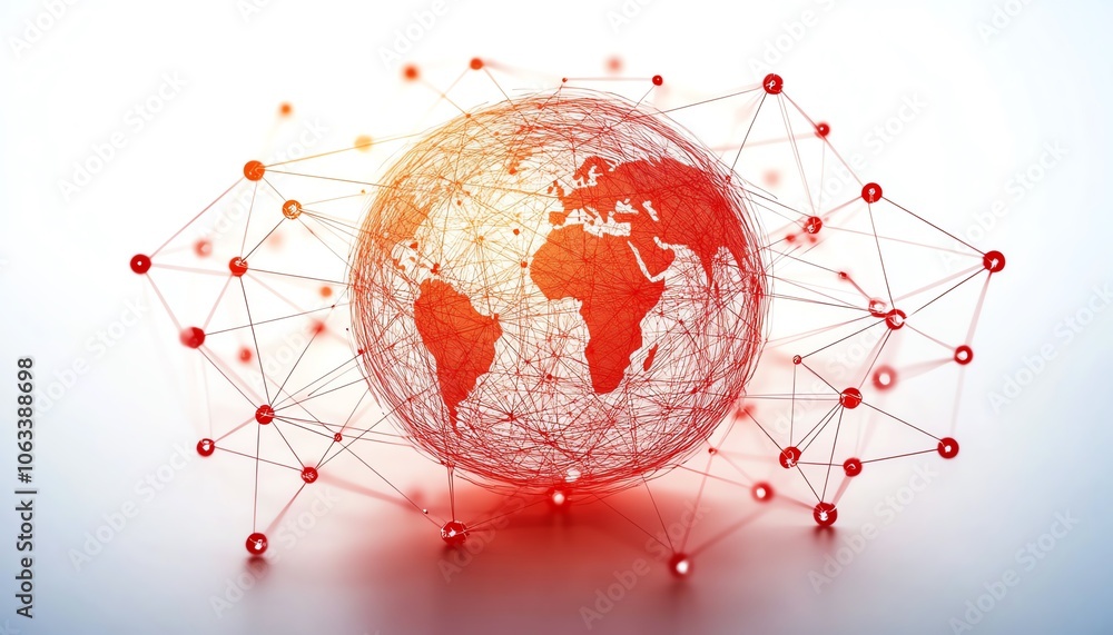 Poster a creative depiction of social networking technologies emanating from a red linked sphere, with brig