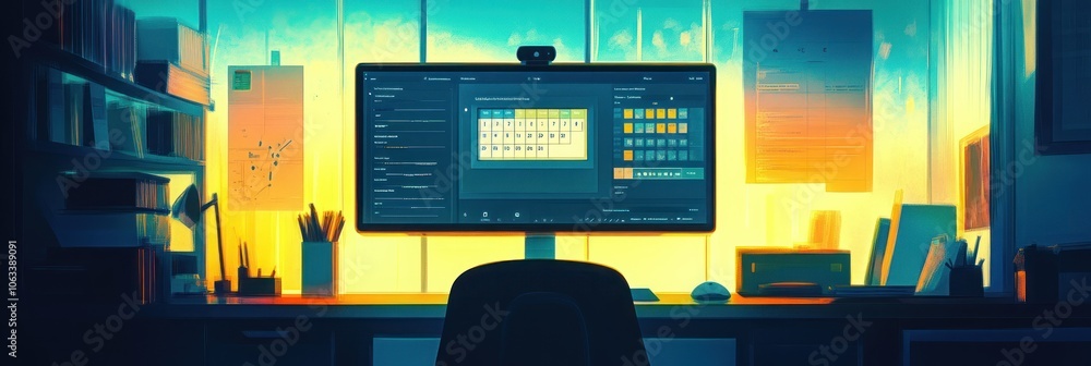 Poster a computer monitor displaying a calendar app sits on a desk in front of a large window with a sunset
