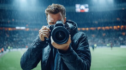 Professional sports photographer captures action on football field with high end camera gear