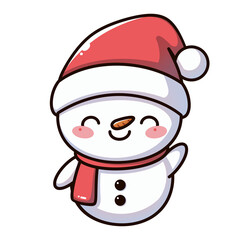 Hand-drawn cartoon of a cute snowman wearing a Santa hat and red scarf for a Christmas design