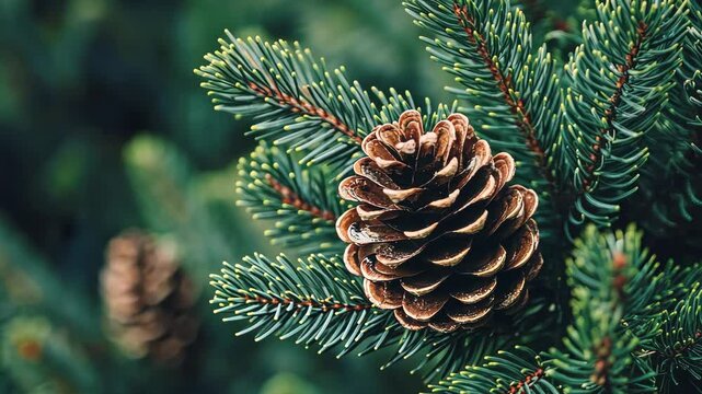 Pine cone gracefully resting on a branch of a fir tree