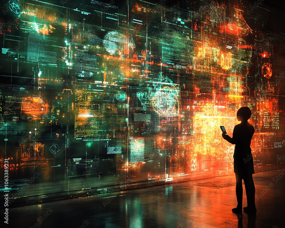 Aufkleber a digital concept art of social networking technologies, featuring interactive digital profiles, hol