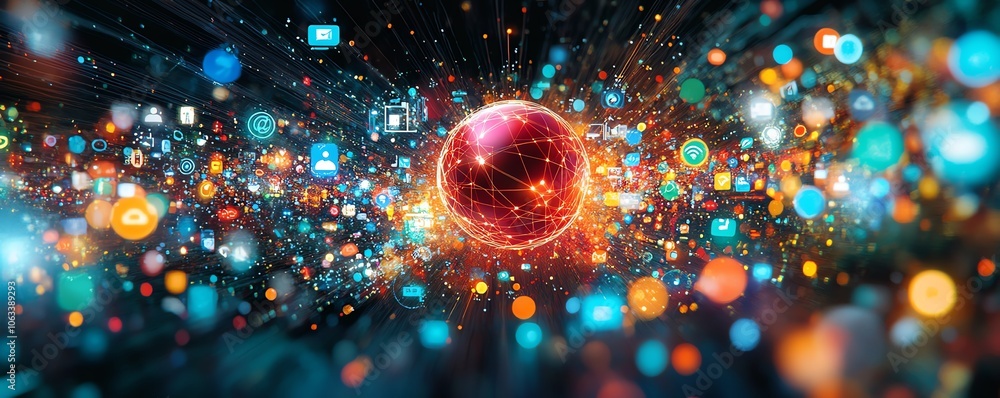 Poster a dynamic design featuring a red linked sphere at the center