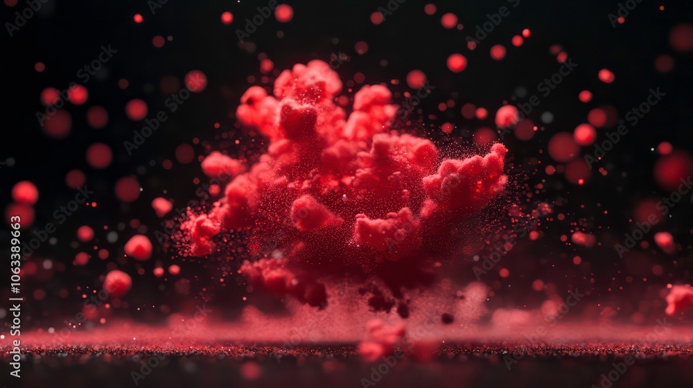 Poster a vibrant explosion of reddish powder creating a dynamic, artistic cloud effect.