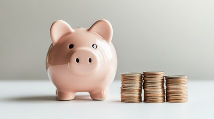 Cute Piggy Bank Surrounded by Neatly Stacked Coins
