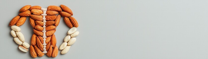 Fototapeta premium Superfood and human body shape concept. The image creatively depicts a human body shape made from various nuts arranged artfully on a light background