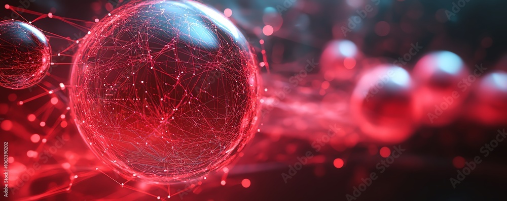 Poster a futuristic visualization of social networking technologies floating over a red linked sphere, show