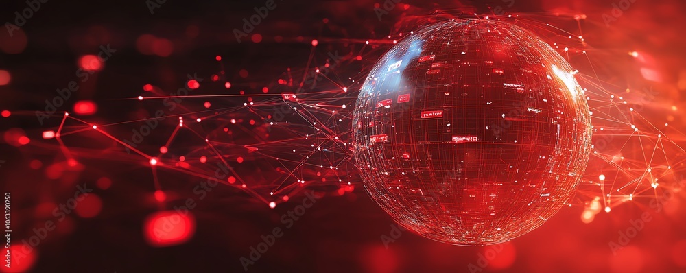 Poster a futuristic visualization of social networking technologies floating over a red linked sphere, show