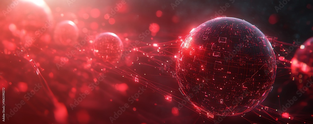 Poster a futuristic visualization of social networking technologies floating over a red linked sphere, show