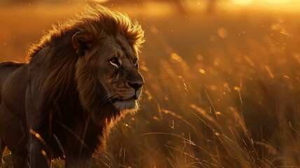 Naklejka premium A majestic lion roaming freely in its natural savanna habitat at sunset 