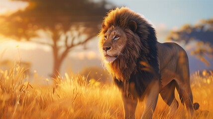 A majestic lion roaming freely in its natural savanna habitat at sunset
