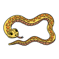 Fototapeta premium Cute yellow snake hand drawn flat. Dangerous animal with long writhing body. Viper, python, anaconda, rattlesnake. Poisonous creature. Vector cartoon illustration.