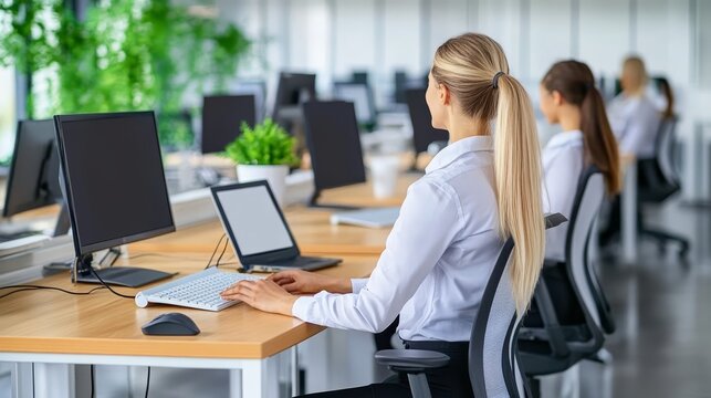 Focused Young Businesswoman Working on Computer in Modern Open Office, Teamwork and Collaboration