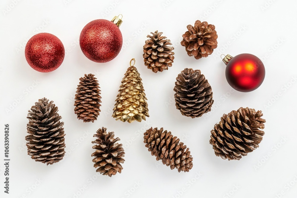 Aufkleber a collection of pine cones and decorative ornaments arranged on a white background