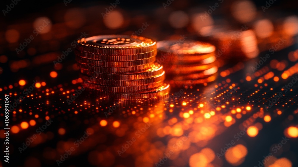 Poster Coins are arranged in a neat stack, reflecting soft light that creates a dynamic, sparkling effect against a blurred dark backdrop, evoking a sense of depth and richness.