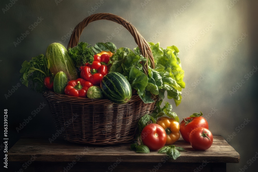 Poster a wicker basket overflows with vibrant vegetables and fruits, set on a rustic wooden table in a warm