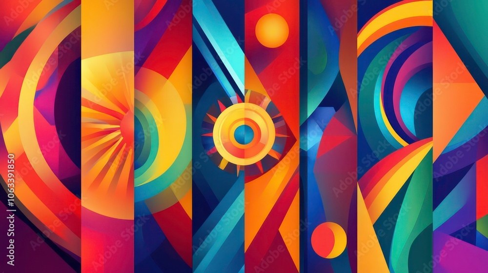 Poster abstract geometric composition with vibrant colors and shapes.