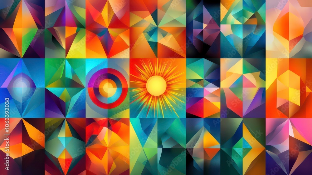 Poster vibrant set of colorful abstract geometric backgrounds with simple shapes like sun, mosaic, and stai
