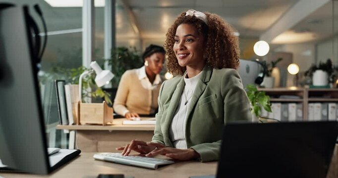 Business woman, computer and smile for research, networking contact and client communication in office. Human resources, manager and happy for review performance, development and employee engagement