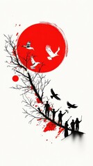 Obraz premium A striking silhouette of figures against a vivid red sun, symbolizing freedom and hope with birds soaring in the sky.