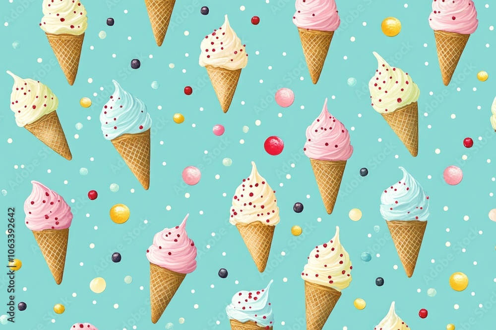 Poster A colorful design featuring multiple ice cream cones on a bright blue background