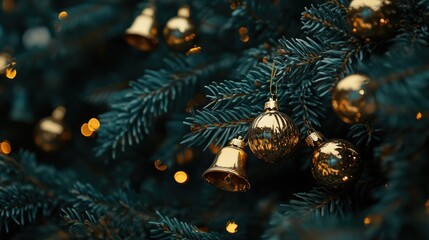 A close-up shot of a Christmas tree decorated with colorful lights and jingling bells
