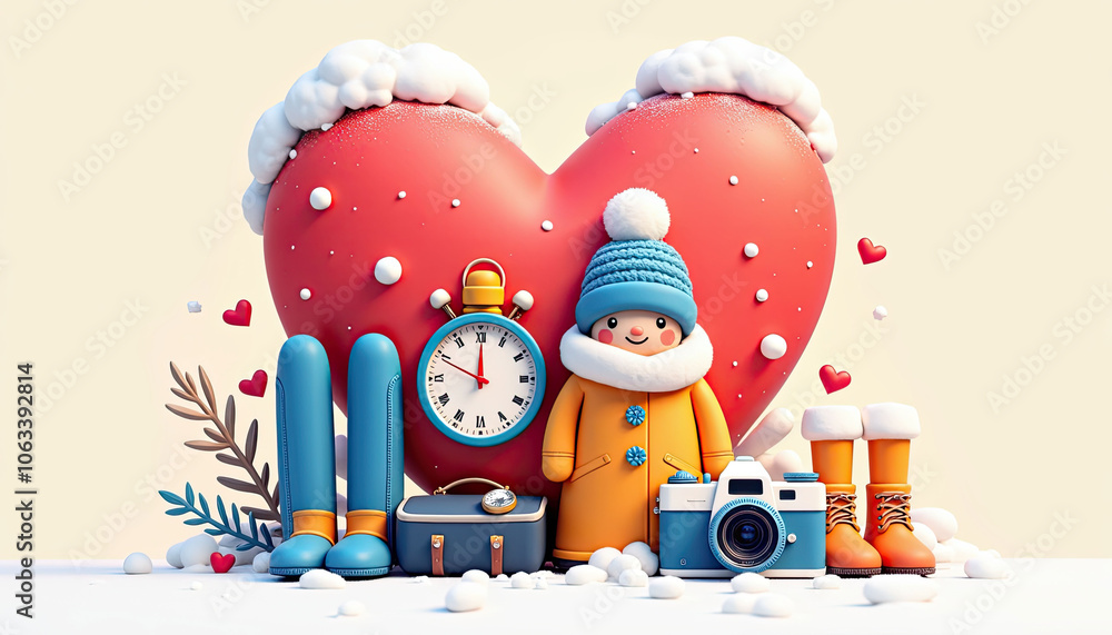 Poster a man stands in front of a heart-shaped box with a camera and a backpack