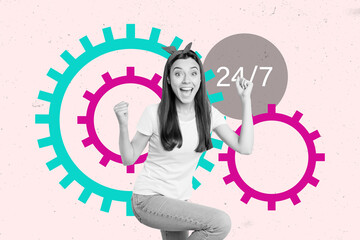 Composite trend artwork sketch image photo collage of 24 7 service support help customer client bulb young lady gear fist success pinup