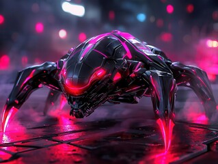 A futuristic robotic spider with glowing pink accents, set against a vibrant neon background, showcasing advanced technology.