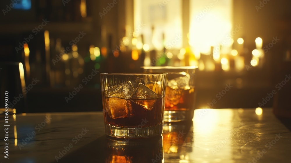 Poster two glasses of whiskey placed on a wooden table with a rustic background