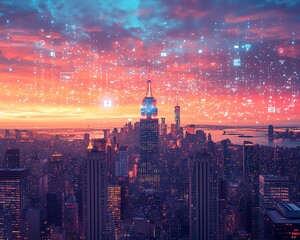 Fototapeta premium A stunning image of New York at sunset, filled with vibrant social media symbols and digital interactions floating in the sky, illustrating the essence of connectivity in the city